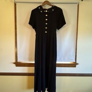 Vintage JBS Black Crepe Texture Long Dress‎ Rosettes Witchy Boho Dark Romance